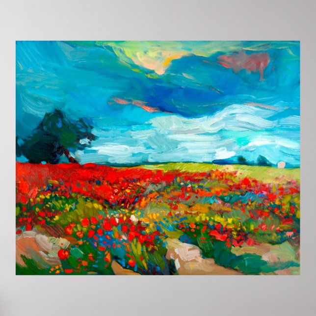 Poster peinture à l'huile de champs de fleurs sur toile.  (Devant)