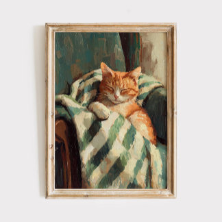 Poster Peinture à l'huile de chat roux endormi cosy