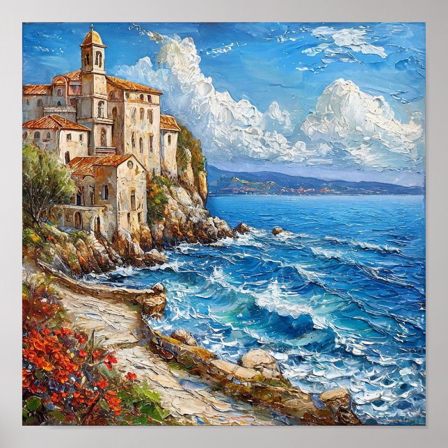 Poster 🌊 Peinture à l'huile de cottage au bord de la mer (Devant)