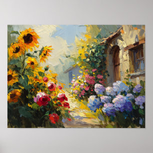 Poster Peinture à l'huile de jardin de cottage d'été vibr