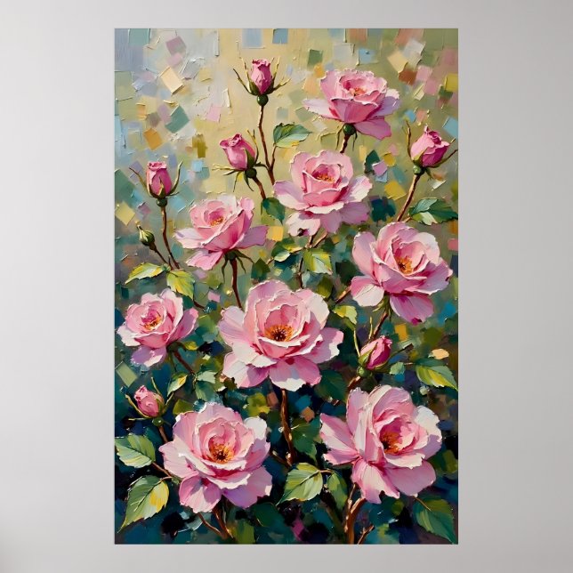Poster Peinture à l'huile de jardin de roses roses (Devant)