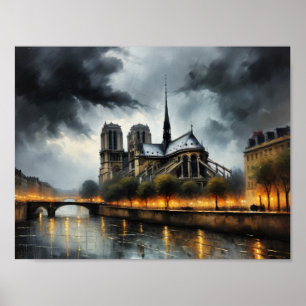 Poster Peinture à l'huile de Notre Dame de Paris la nuit