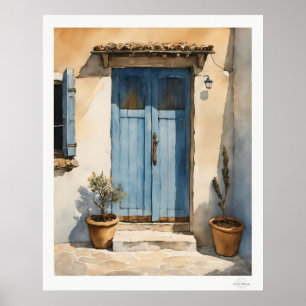 Poster Peinture à l'huile de porte de village bleu lessiv