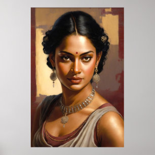 Poster Peinture à l'huile de portrait d'une femme indienn
