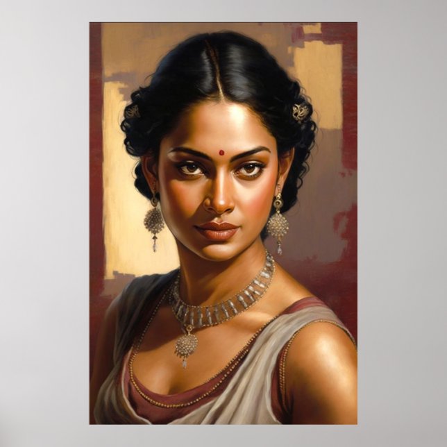 Poster Peinture à l'huile de portrait d'une femme indienn (Devant)