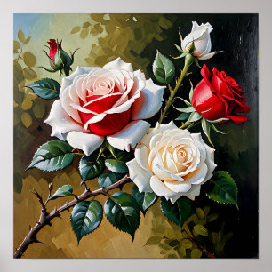 Poster Peinture à l'huile de roses roses blanches rouges