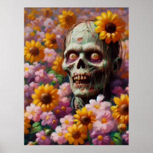 Poster Peinture à l'huile de Zombie dans le champ de fleu