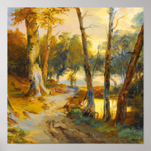 Poster Peinture à l'huile dorée d'arbres forestiers vinta