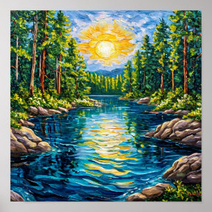 Poster Peinture à l'huile du lac en forêt