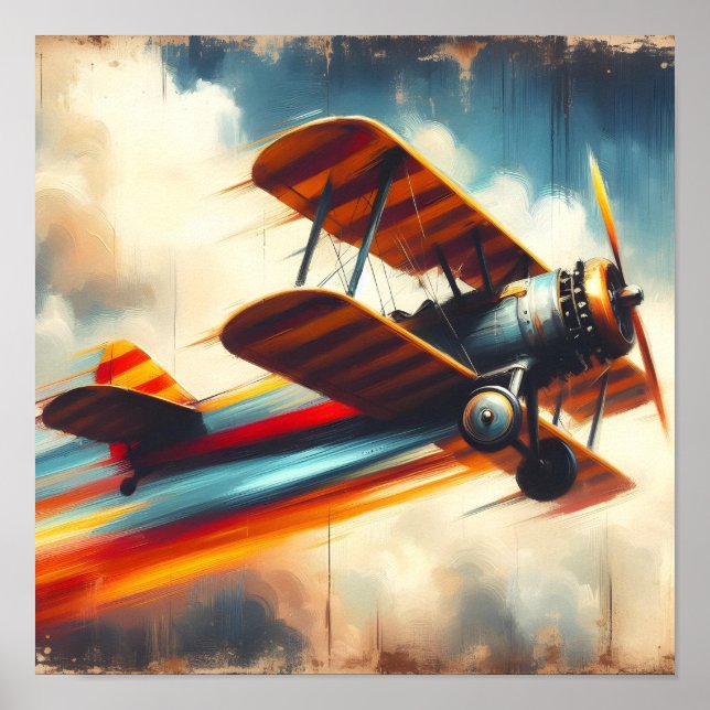 Poster Peinture à l'huile d'un biplan rétro vintage (Devant)