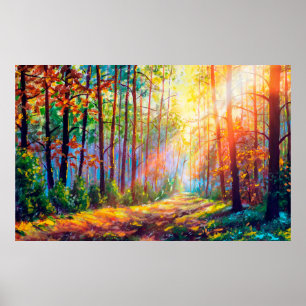 Poster  peinture à l'huile magnifique forêt en automne, p