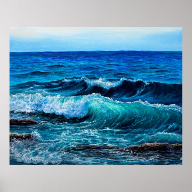 Poster Peinture à l'huile montrant des vagues dans l'océa (Devant)