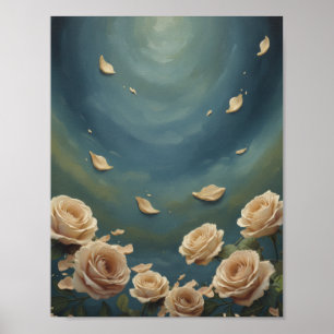 Poster Peinture à l'huile Roses et Pétales Flottants Bleu