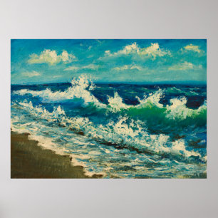 Poster peinture à l'huile sur la plage de mer, belles vag