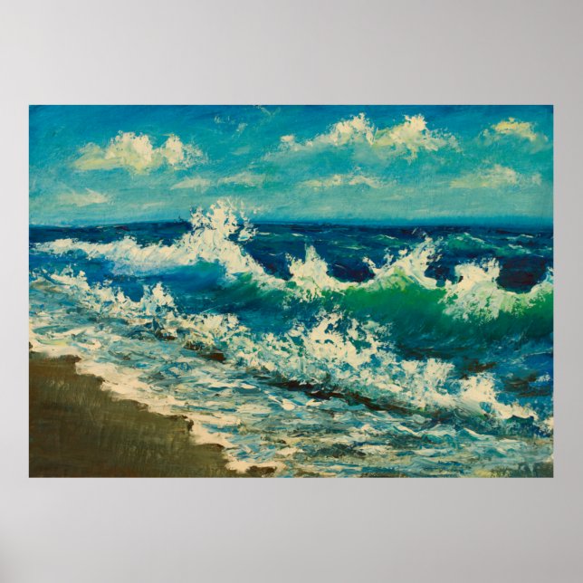 Poster peinture à l'huile sur la plage de mer, belles vag (Devant)