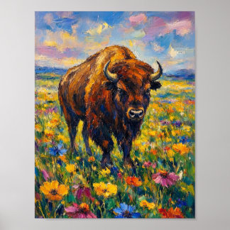Poster Peinture abstraite de buffle dans un champ de fleu
