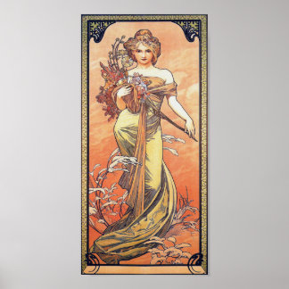 Poster Peinture Alphonse Mucha - Femme tenant des fleurs