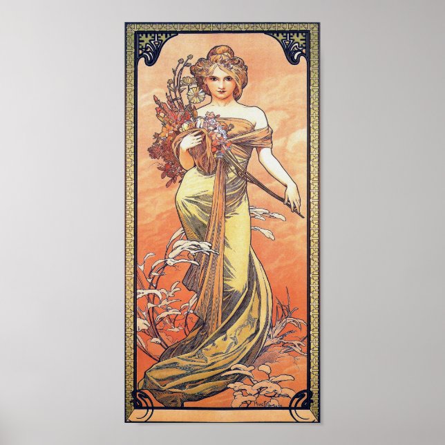 Poster Peinture Alphonse Mucha - Femme tenant des fleurs (Devant)