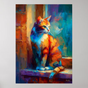 Poster Peinture animale de chat impressionniste colorée