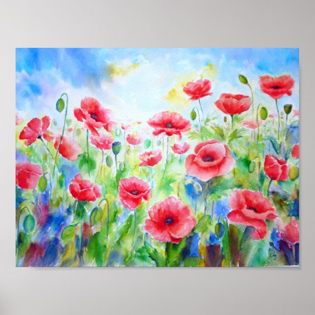 Poster Peinture aquarelle Champ de pavot rouge (Devant)