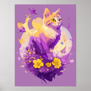 Poster Peinture aquarelle de chat mignon avec flore