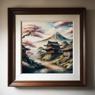 Poster Peinture aquarelle de l'ancien village japonais