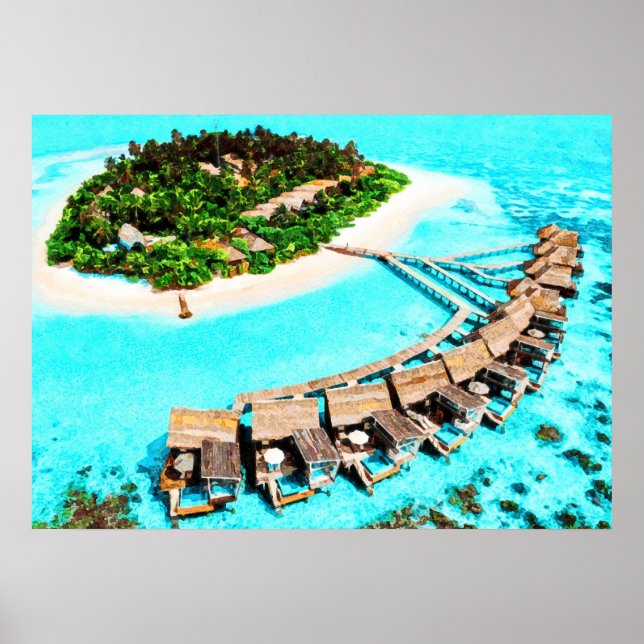 Poster Peinture aquarelle des Maldives Honeymoon Resort (Devant)