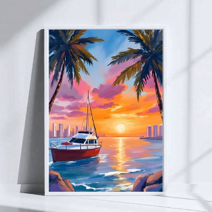 Poster Peinture aquarelle du coucher de soleil dans la ba