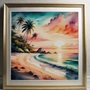 Poster Peinture aquarelle du coucher de soleil de la plag