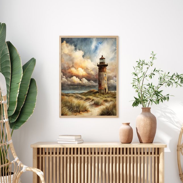 Poster Peinture aquarelle du littoral avec phare (Lighthouse and stormy skies 16"x20" poster)