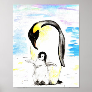 Poster Peinture aquarelle du Manchot Empereur et de son p