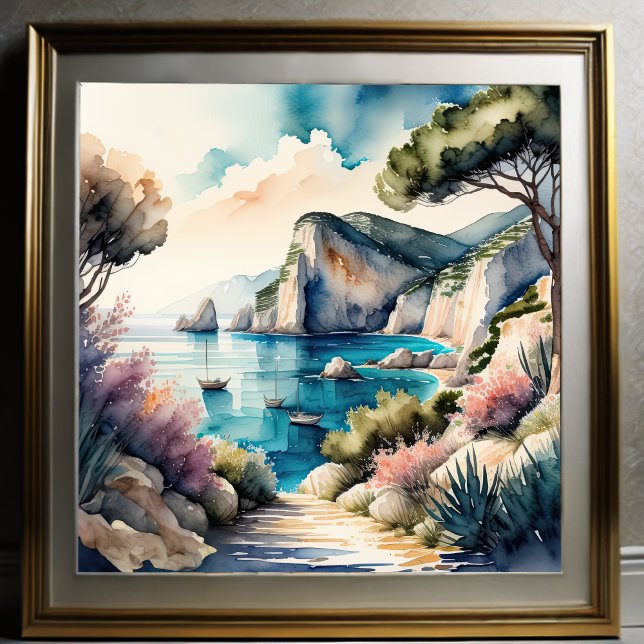 Poster Peinture aquarelle Paysage de la côte méditerranée (Créateur téléchargé)