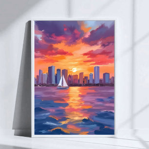 Poster Peinture aquarelle reflet du coucher de soleil sur