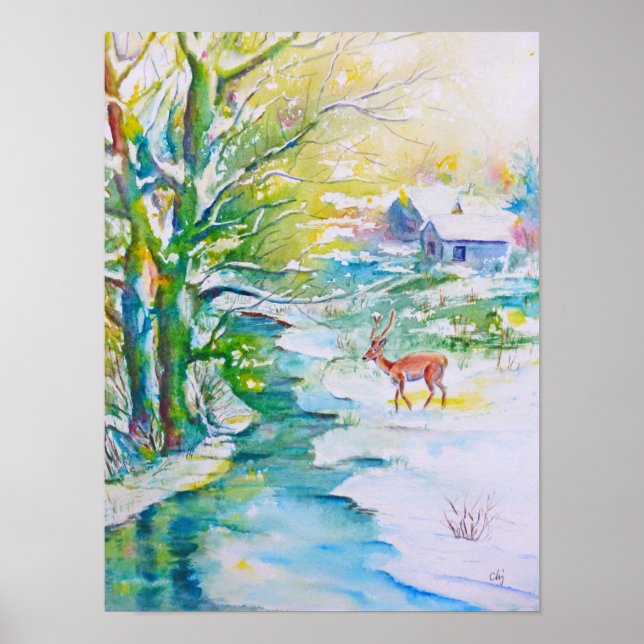 Poster Peinture aquarelle Snow Deer Stream Paysage (Devant)