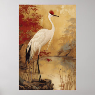 Poster Peinture chinoise paysage nature grue humeur