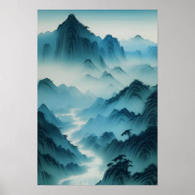 Poster Peinture chinoise Paysage Turquoise bleu humide (Devant)