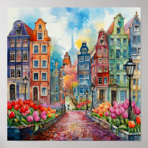 Poster Peinture d'aquarelle Amsterdam Pays-Bas