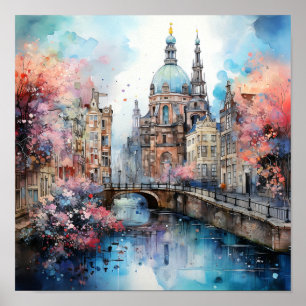 Poster Peinture d'aquarelle Amsterdam Pays-Bas