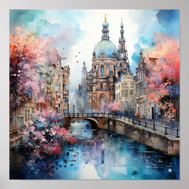 Poster Peinture d'aquarelle Amsterdam Pays-Bas (Devant)