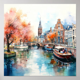 Poster Peinture d'aquarelle Amsterdam Pays-Bas