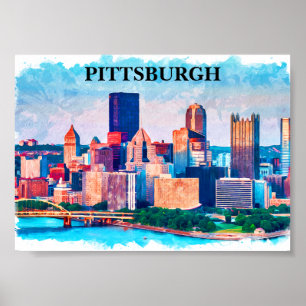 Poster Peinture d'aquarelle de Pittsburgh Cityscape