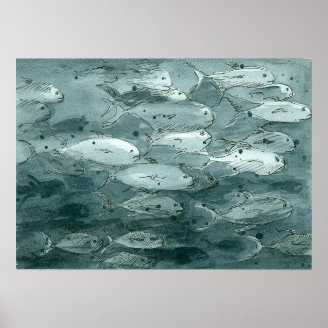 Poster Peinture d'aquarelle de poisson noir et blanc (Devant)