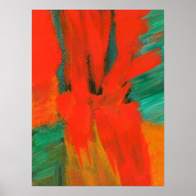 Poster Peinture d'art Abstrait Rouge Orange Vert Or (Devant)