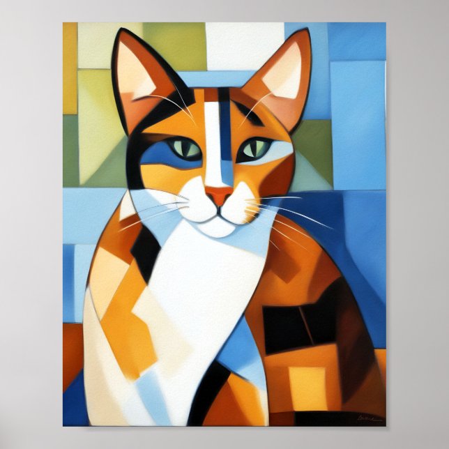 Poster Peinture d'art Cubiste Calico Cat (Devant)