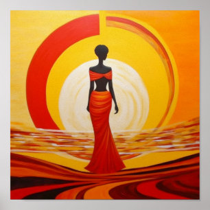 Poster Peinture d'art féminin jaune chaud orange rouge d'