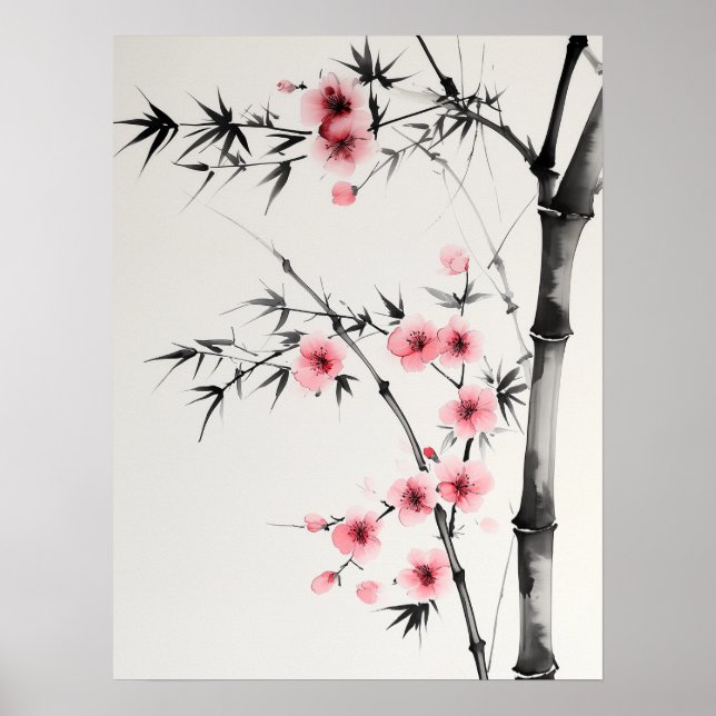 Poster Peinture de bambou et de fleurs de cerisiers dans  (Devant)