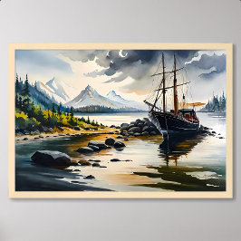 Poster Peinture de bateau de pêche au milieu de la rivièr