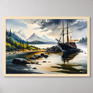 Poster Peinture de bateau de pêche au milieu de la rivièr