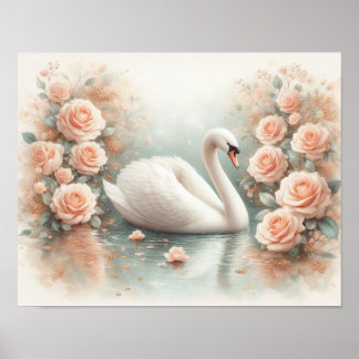 Poster Peinture de beau cygne et de roses