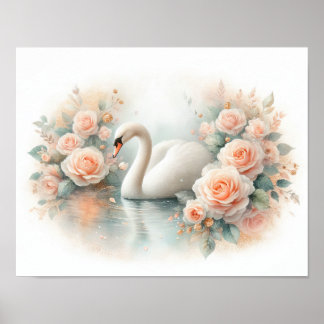 Poster Peinture de beau cygne et de roses
